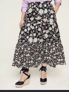 NWT Lane Bryant 100% Cotton Black Floral Tiered Maxi Skirt - Lilac/Cream Blooms